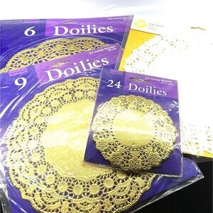 Lot 50 Vtg Royal Lace Round Gold Foil & White Paper Lace Doilies,  5”-10.5”
